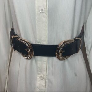 Black PU leather double buckle with rhinestone details skinny belt
